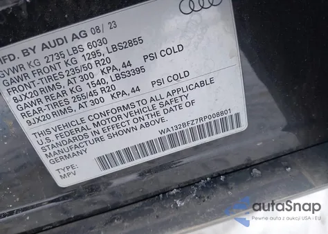 2024 Audi Q4 Sportback E-Tron Premium Plus 50 Quattro из США, поврежденный, VIN WA132BFZ7RP008801